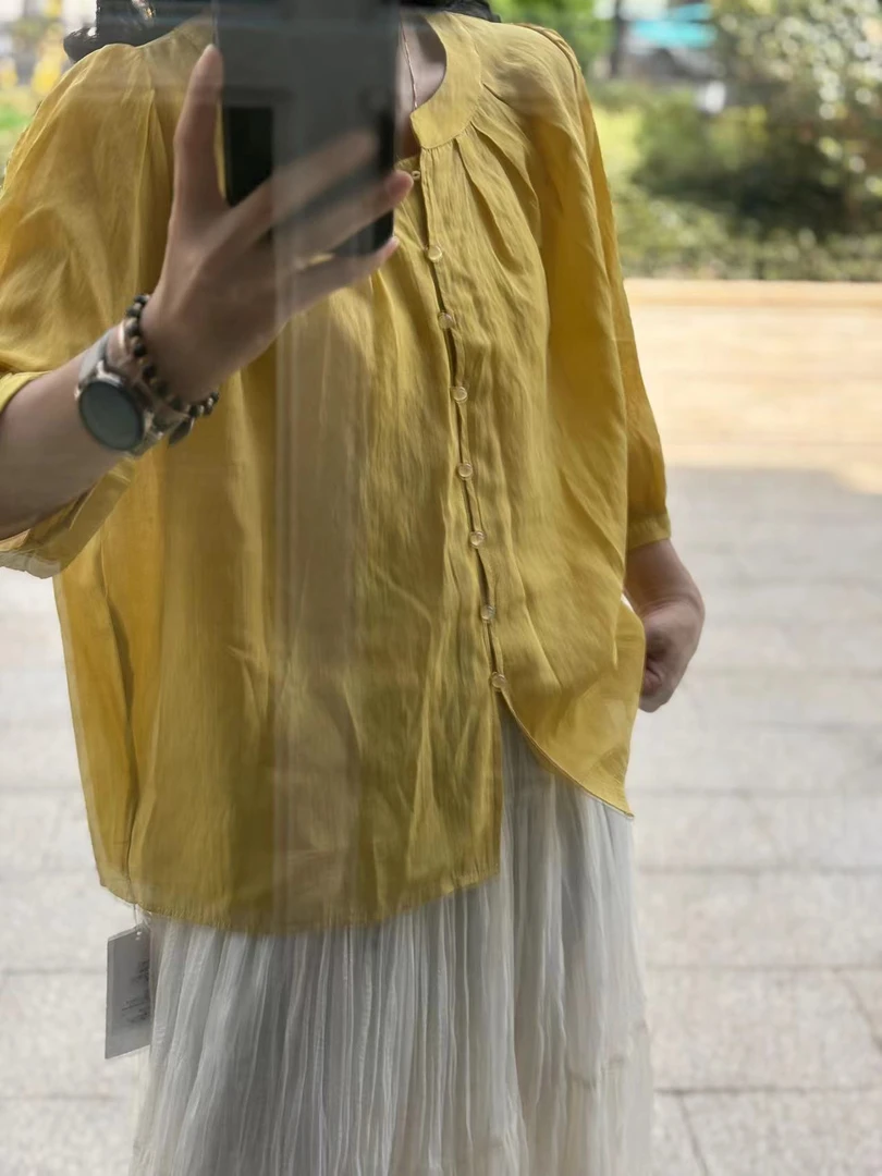 2025夏季新款欧货圆领一排扣开衫褶皱式衬衫女