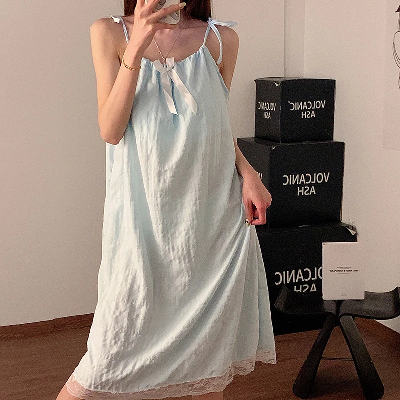 2025云朵棉吊带裙圆领抽绳绑带吊带睡裙甜美花边裙摆中长款睡裙