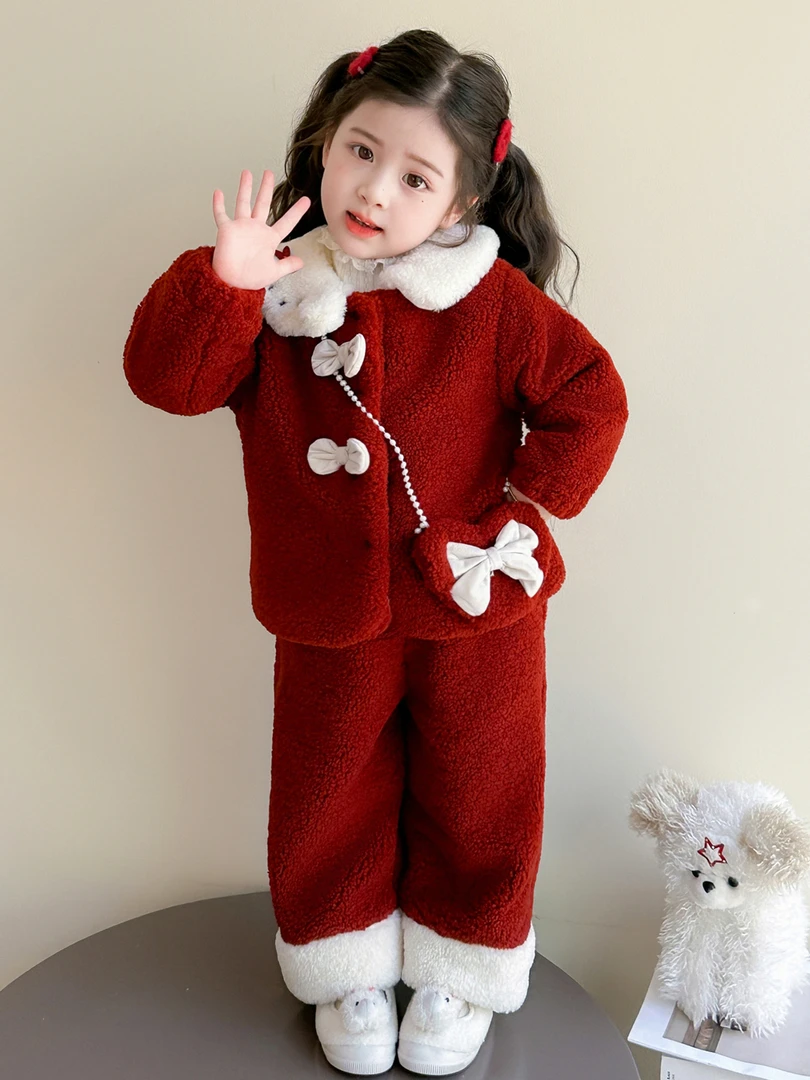 女小童加绒套装秋冬款女宝宝洋气娃娃领卫衣冬装儿童加厚两件套潮