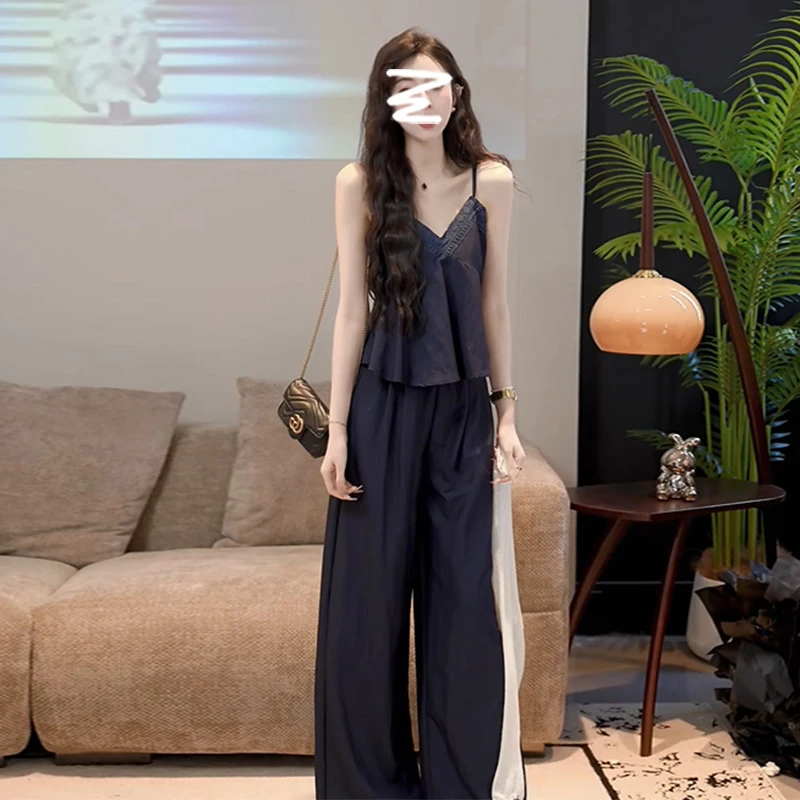 【W3123】高级感吊带上衣阔腿裤藏肉开衫