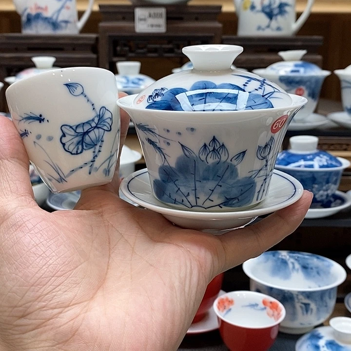 纯手绘荷花140cc盖碗➕主人杯80cc釉下彩微瑕福利款