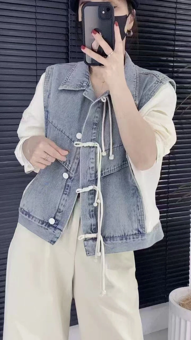 1103#国风盘扣拼接牛仔外套