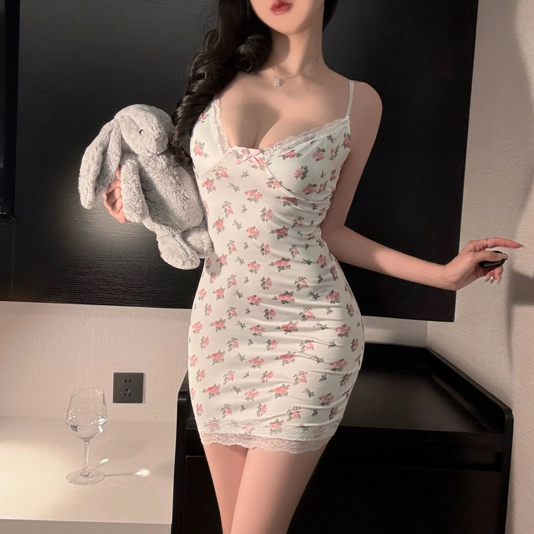 80-150 法式蕾丝花边纯欲风性感碎花吊带睡裙夏季薄款包臀显瘦