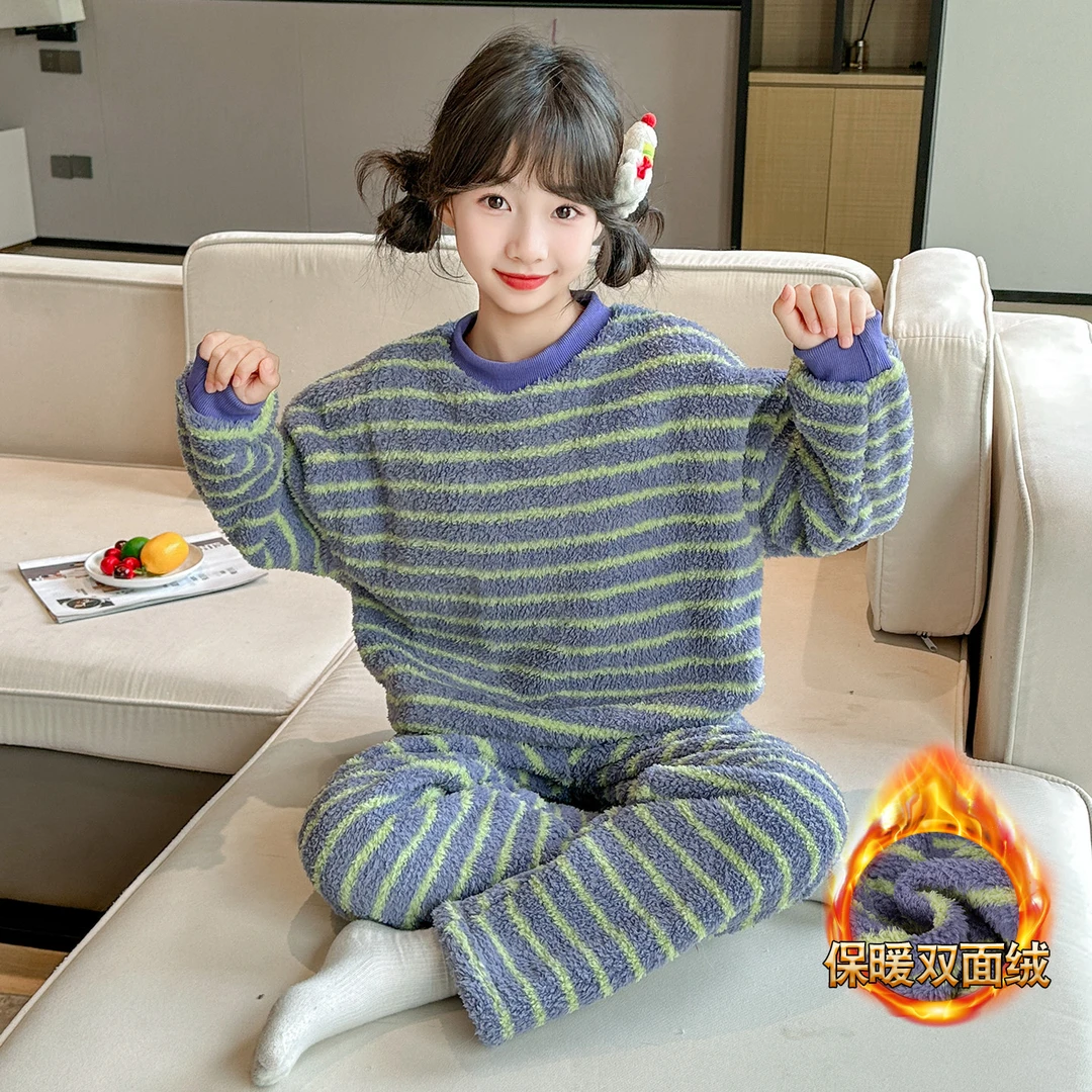 睡衣女孩初中生加绒秋冬2025新款女童珊瑚法兰绒套装青少年家居服