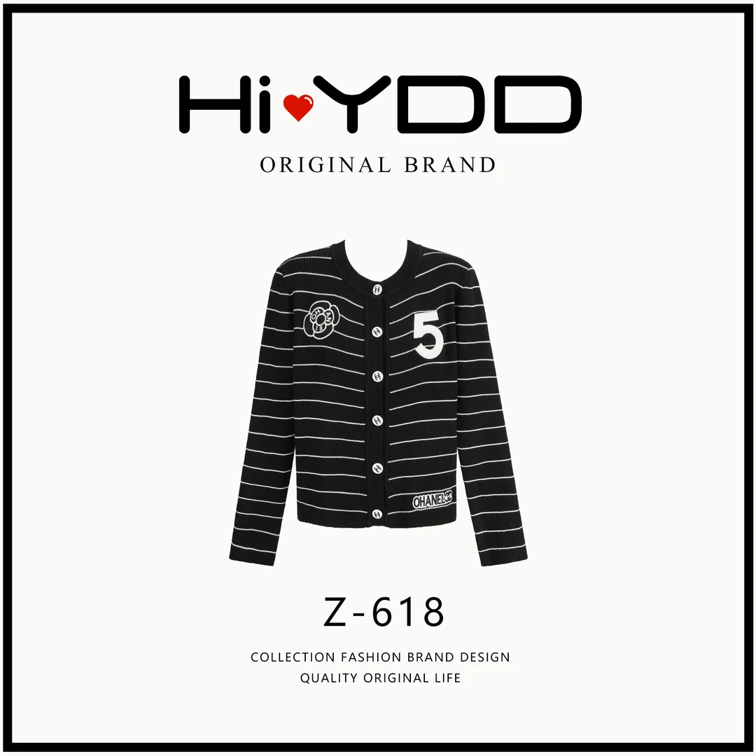 YDD•「Z-618」秋款小香刺绣5条纹针织开衫百搭显瘦毛衣上衣G-77667