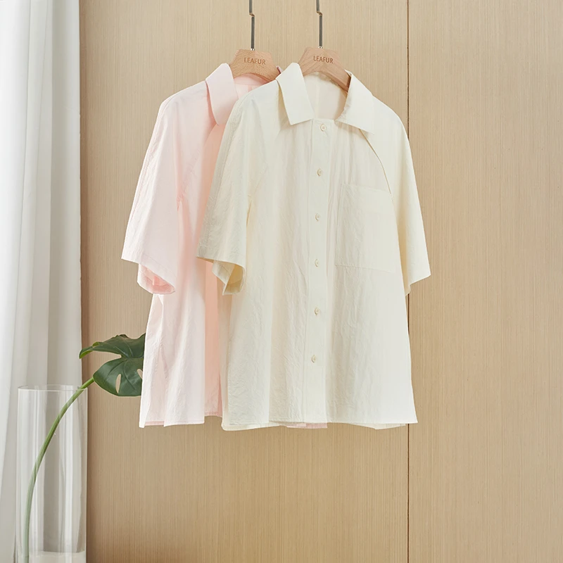 美式盐缩纸感肌理~廓形纯色全棉短袖衬衫插肩袖宽松休闲中性衬衣