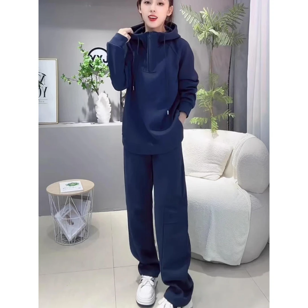 帅酷风休闲两件套2025秋季新款半拉链连帽卫衣弯刀裤纸片人显瘦爆