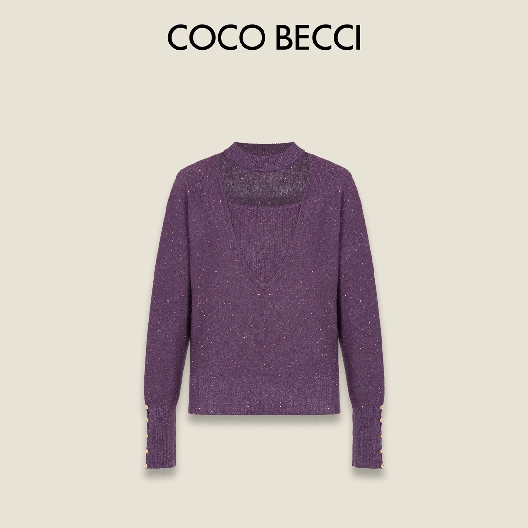COCO BECCI【天鹅颈】绵羊毛山羊绒V领细闪亮片毛衣CFLJD231368