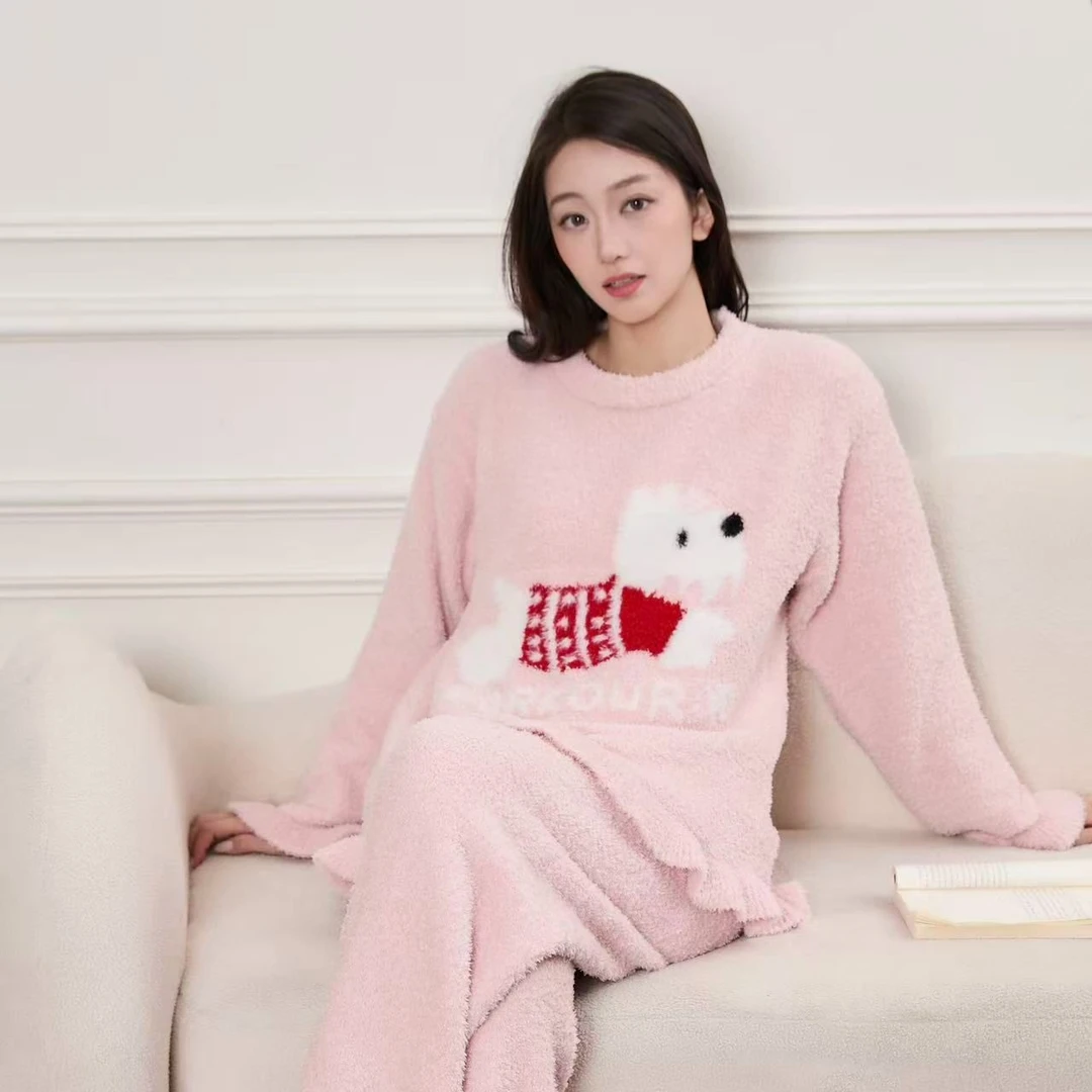 【月亮】半边绒卡通小狗家居服睡衣套装秋冬加厚加绒套头宽松