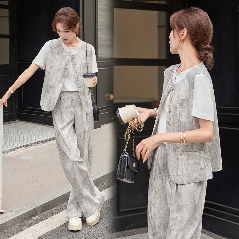 韩系晕染马甲时尚套装2025年夏季新款设计感气质百搭阔腿裤三件套