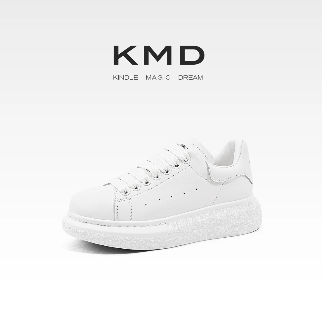 KMDS2025秋季新款厚底白鞋女真皮小个子百搭配裙子增高板鞋