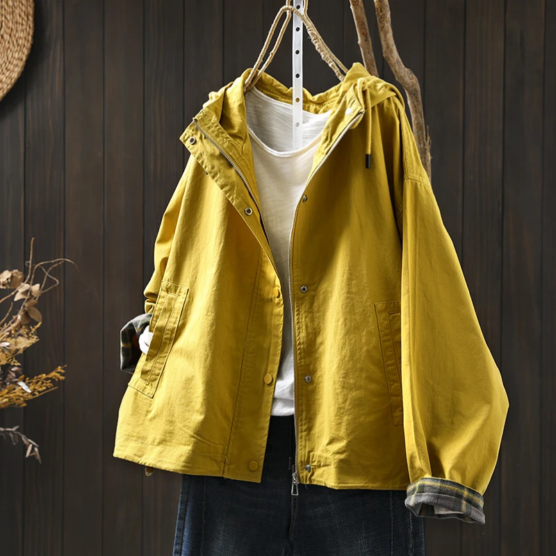 抽绳连帽纯棉风衣外套女宽松大码春秋装韩版休闲百搭休闲减龄上衣