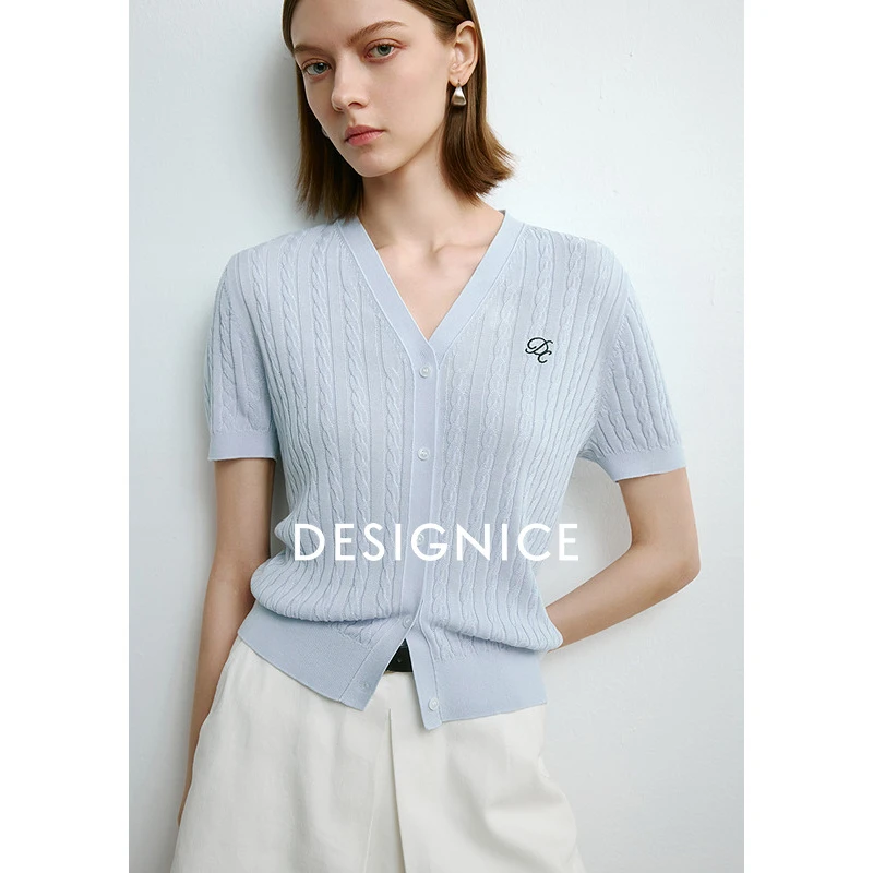 迪赛尼斯夏季通勤气质绞花开衫纯色短袖V领毛针织衫女