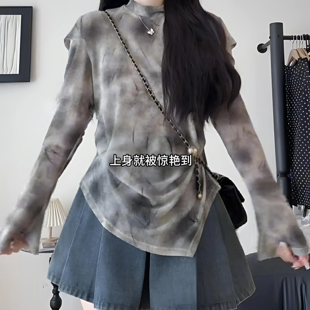 大码胖mm小众设计感不规则长袖t恤秋装女款时尚法式别致扎染上衣