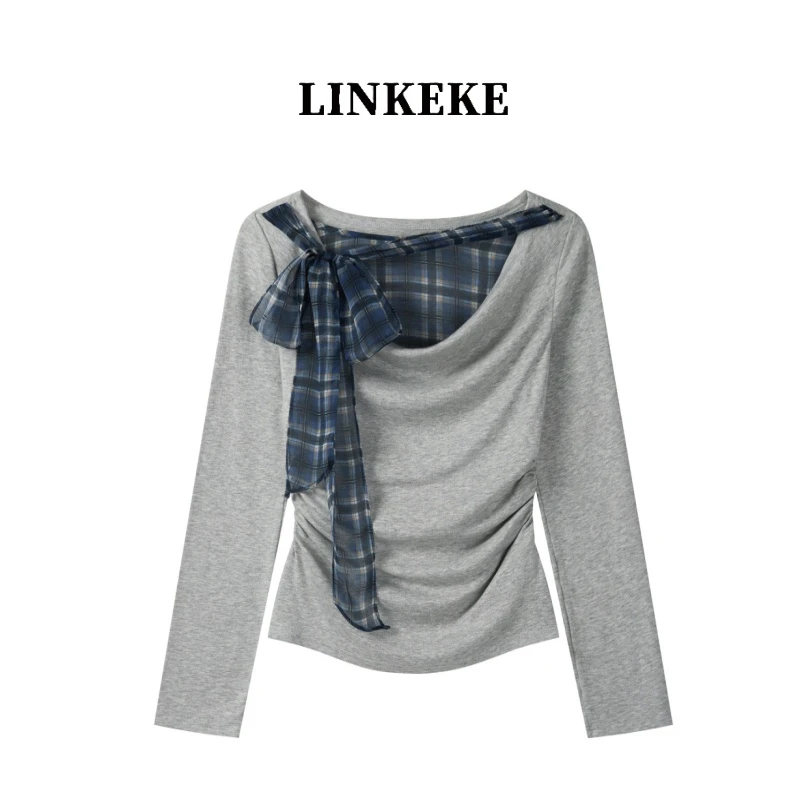 韩系纯欲假两件格纹绑带长袖t恤女2025新款秋季设计感修身上衣潮
