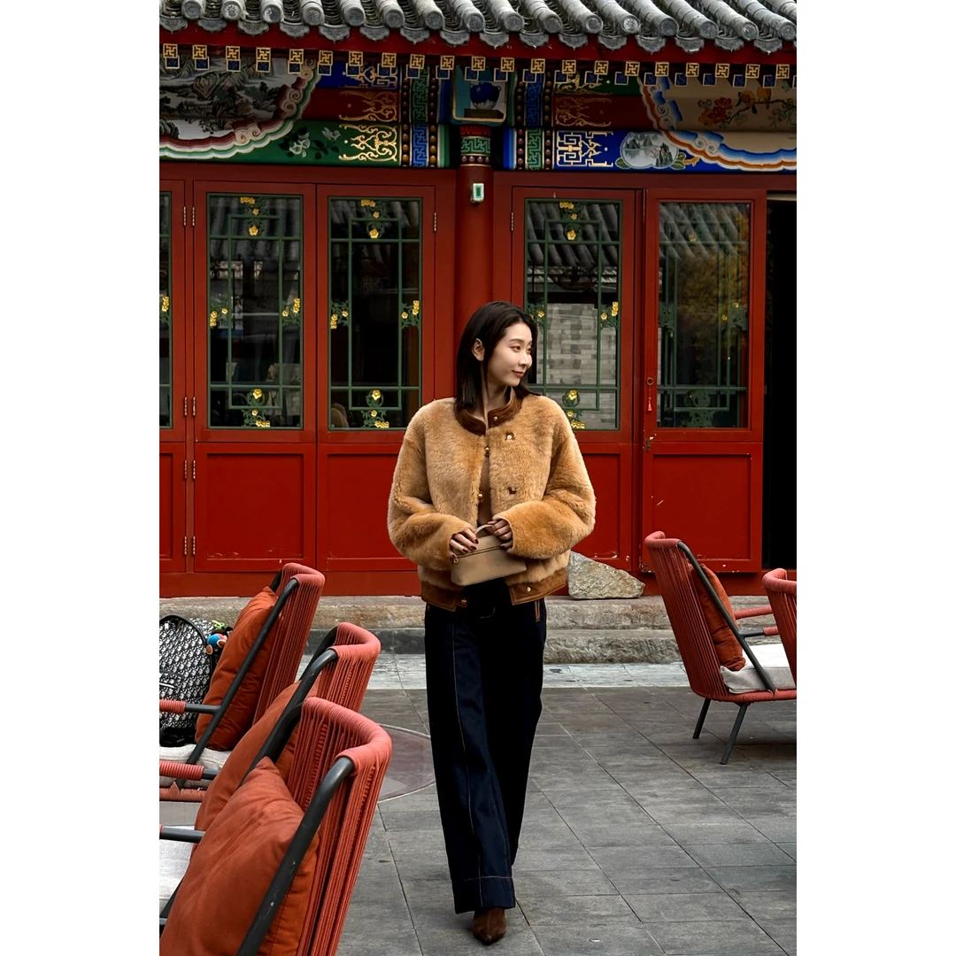 【CHENSMCHEN×JCSO】进口蜜驼黄拉贡短款皮毛一体外套女CdSU10505YW