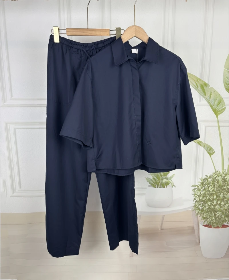 女士外贸TT北欧极简风棉质宽松短袖衬衫松紧腰休闲长裤套装