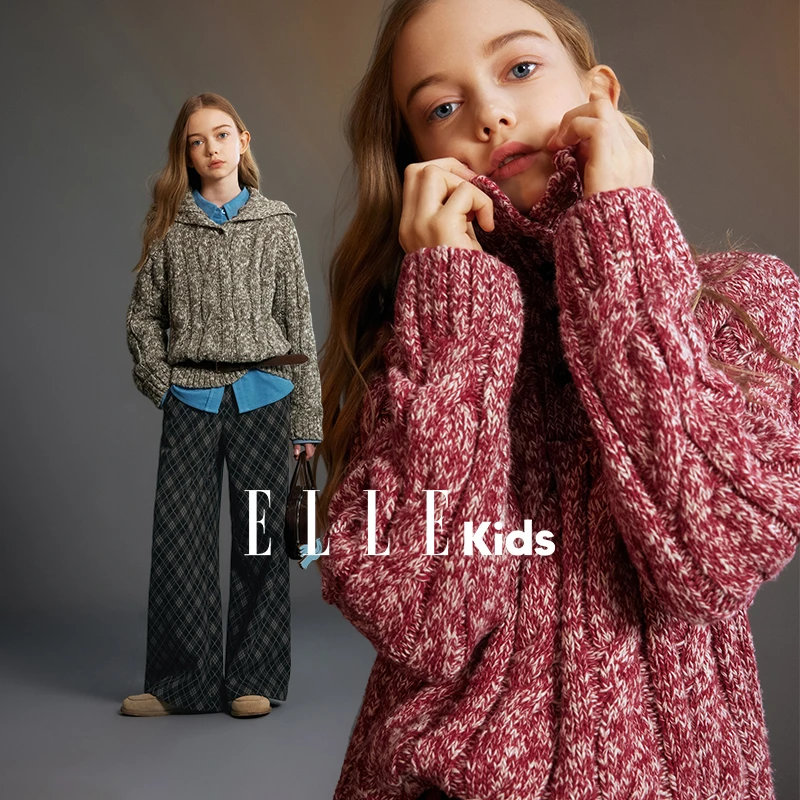 ELLE KIDS童装 高领绞花复古毛衣女童秋冬新款休闲套头针织衫D4