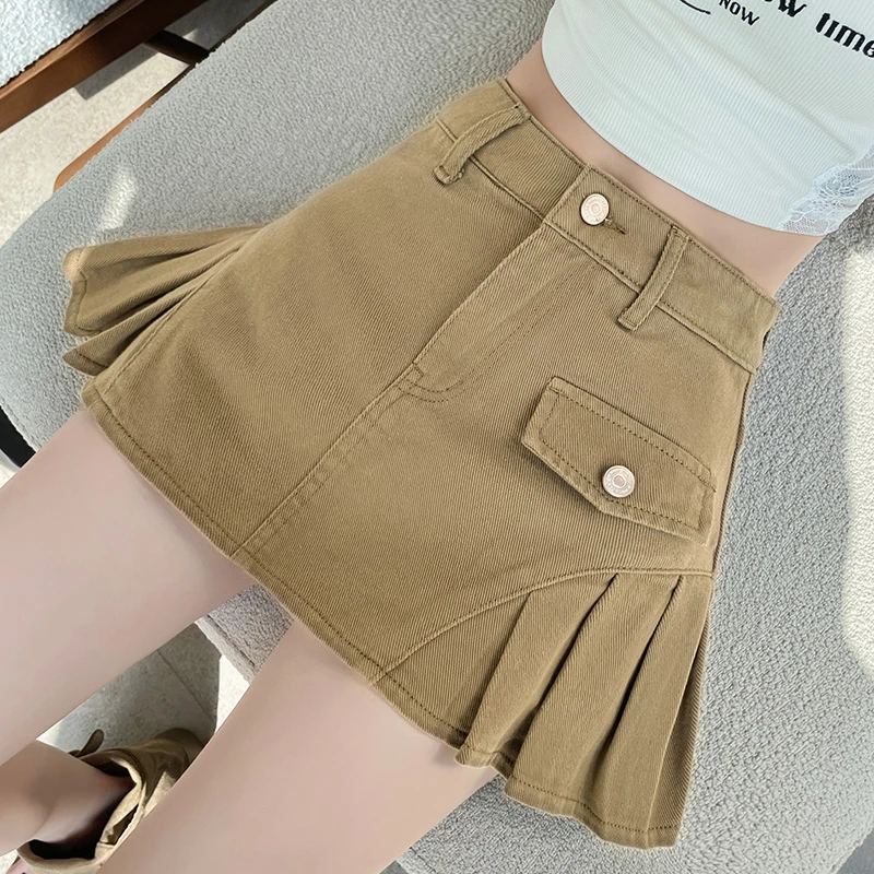 百褶牛仔短裤裙女夏季2025年新款高腰小个子a字辣妹宽松显瘦短裙