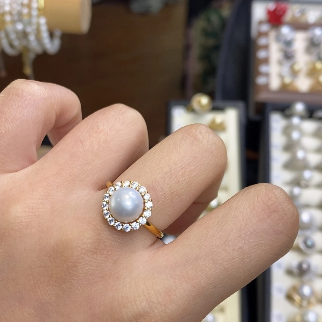 淡水珍珠银S925镀金镶嵌戒指特价