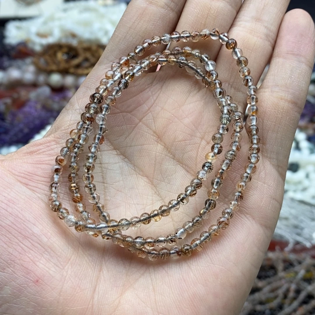 未镶嵌玛瑙/玉髓珠宝半成品一条天然净透体3.5mm黑金超七水晶三圈