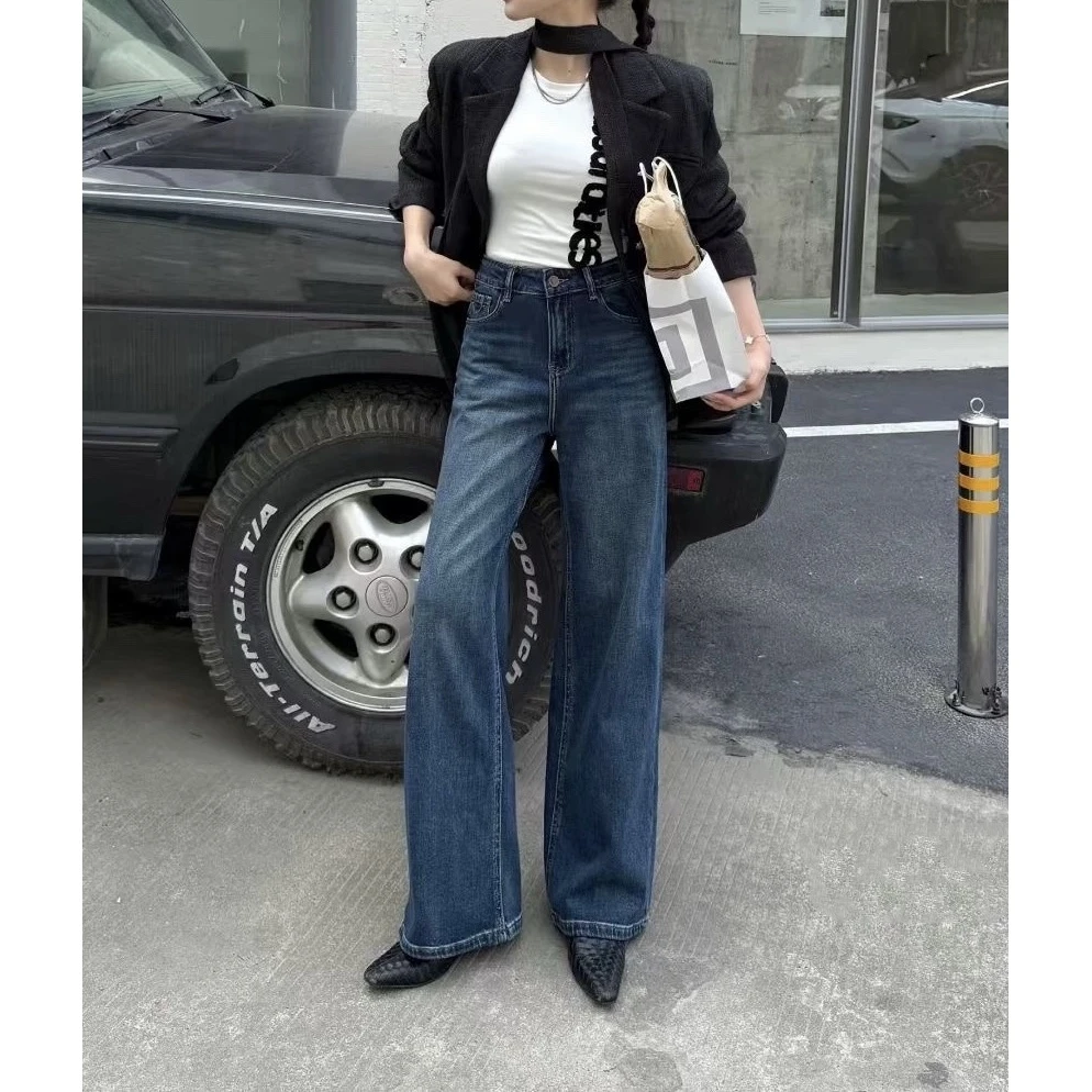 25073-窄版牛仔阔腿裤女欧洲站2025秋季刺绣口袋直筒裤