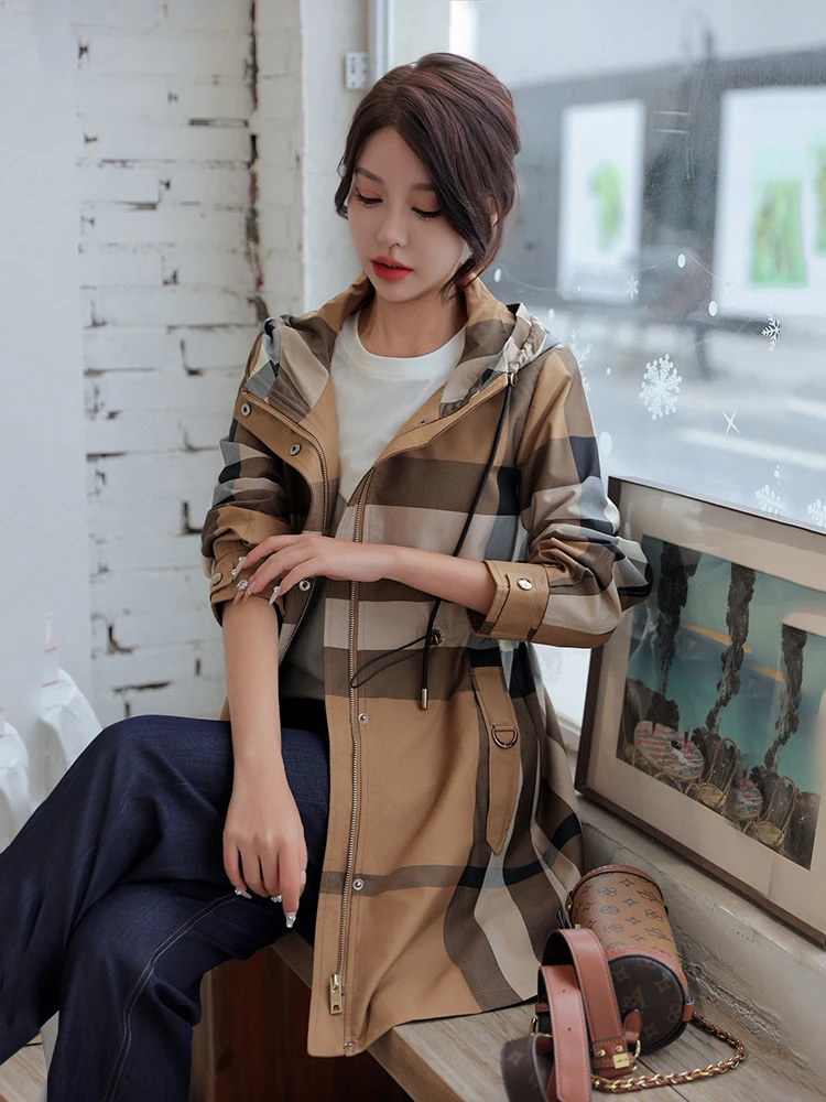 F6600春秋新款2025英伦风经典条纹宽松休闲女装连帽中长夹克风衣