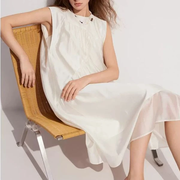 1282法式莱赛尔米白色无袖连衣裙女2024夏季新款温柔风圆领