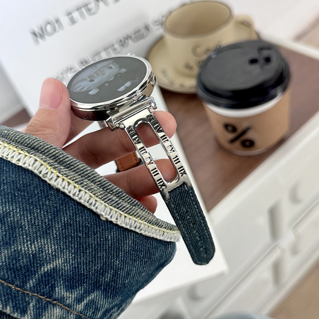 适用华为watchGT5/5pro表带牛仔布弯片gt6/5数字手镯gt6pro腕带