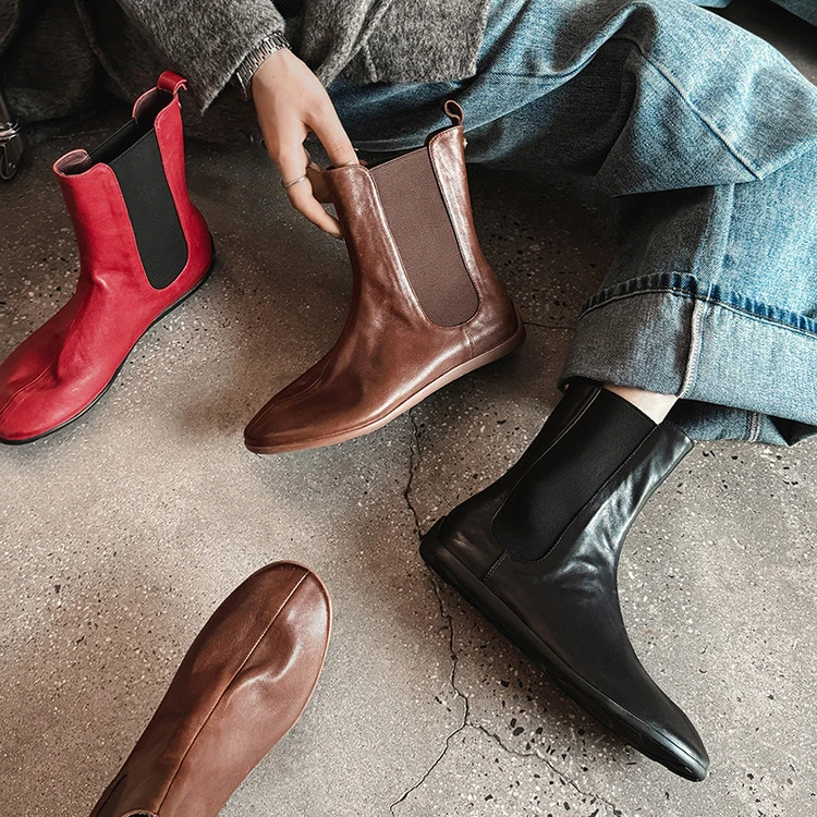 云朵巨软~平底短靴女秋冬切尔西靴扁圆头及踝烟筒马丁靴真皮女