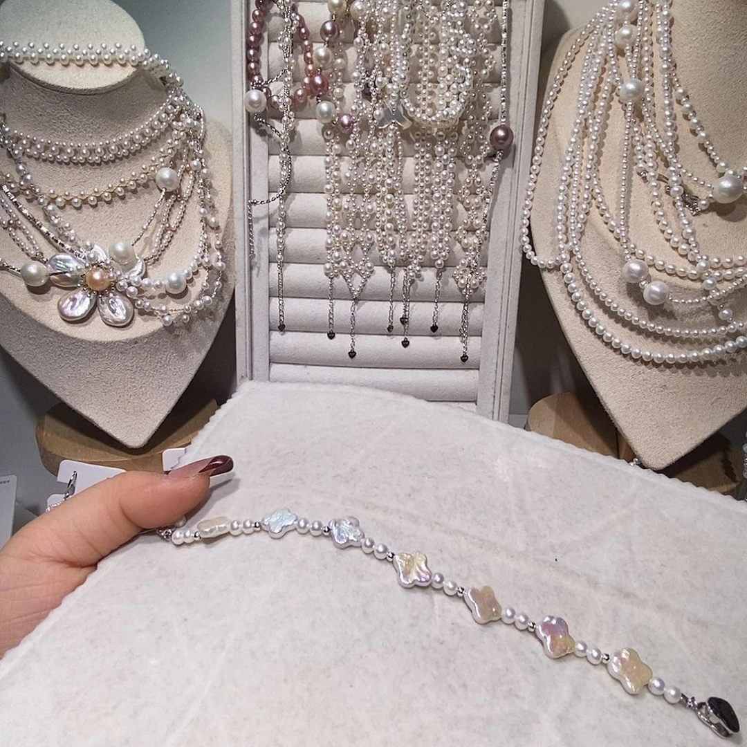 银S925镶嵌手链淡水珍珠四叶草炫彩手链