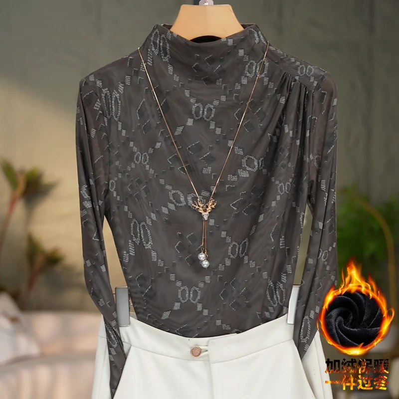 352-2加绒#高贵上档次小衫2025新款潮流气质时尚显瘦网纱打底衫