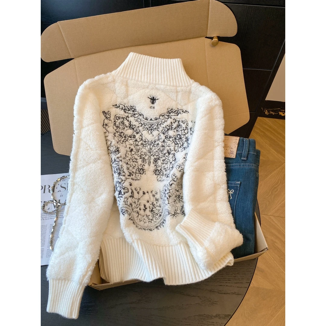 秋冬新款菱格提花立领后背重工雕系刺绣拉链开衫百搭时髦毛衣女