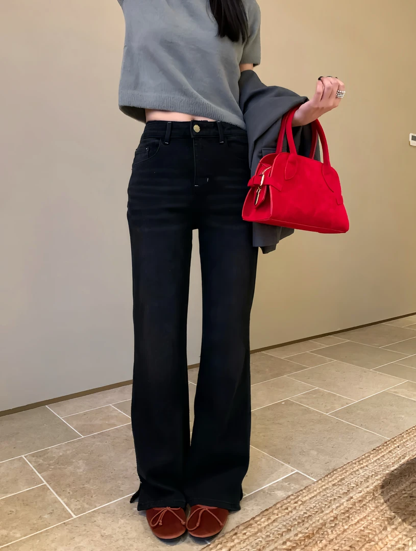 2025GM6590春季新款正品微喇牛仔裤女欧洲站裤脚开叉长裤GM6520