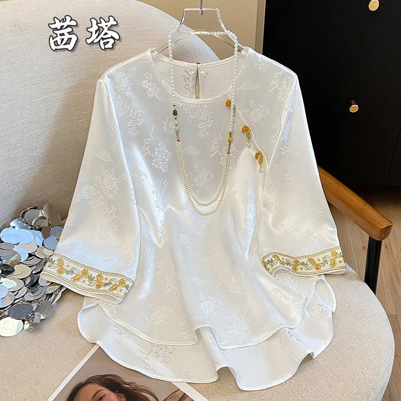 2025年新款国风上衣年轻款内搭醋酸缎面提花衬衫新中式刺绣衬衣女