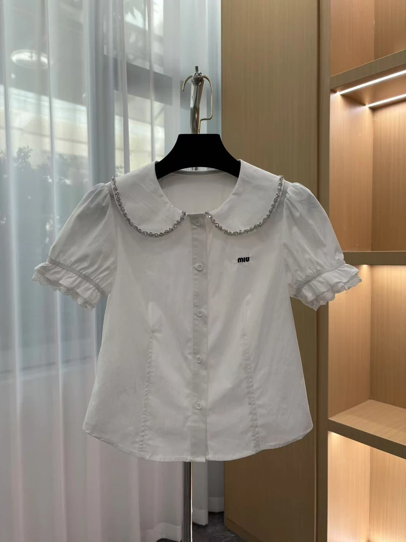 <猪猪出品>2025春夏上新白色时尚百搭夏季蕾丝袖娃娃领衬衫