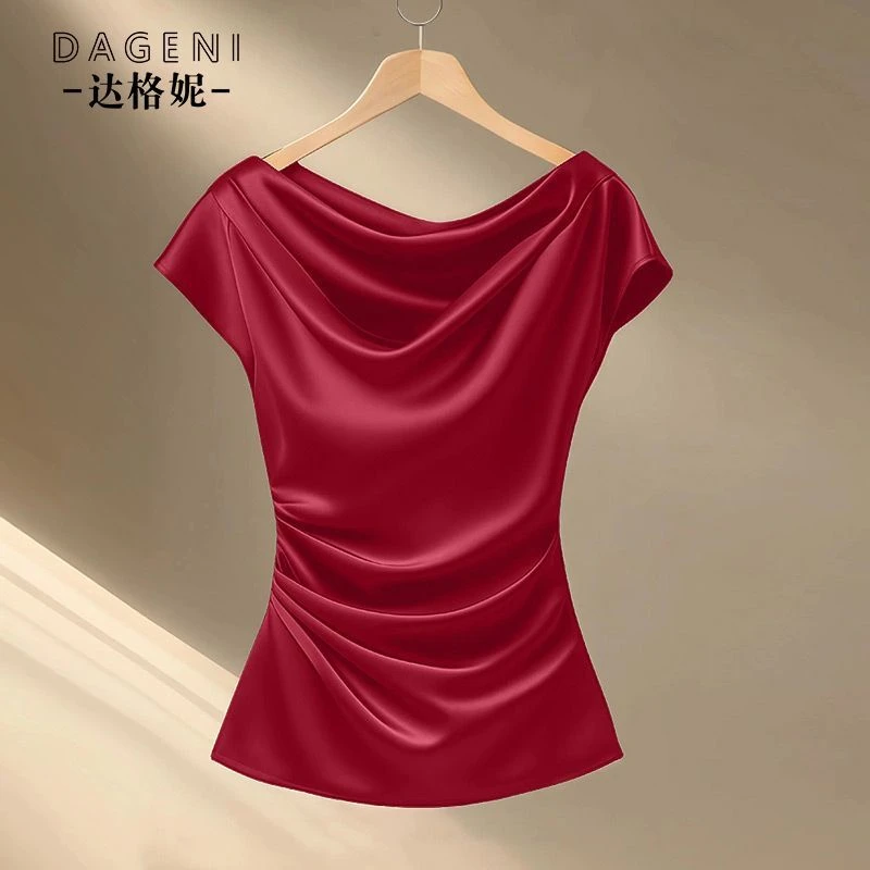 安可拉红法式小香风短袖t恤女一字领缎面收腰显瘦上衣高级感小衫