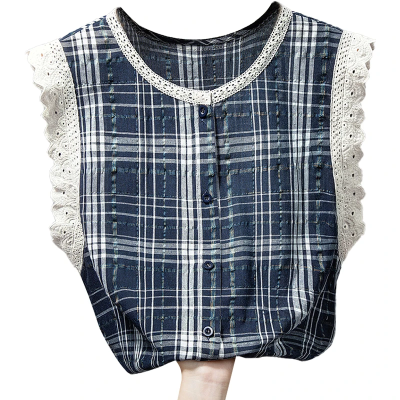 丝柏舍2025夏季新款女圆领格子蕾丝拼接无袖休闲衬衫S52B1757C