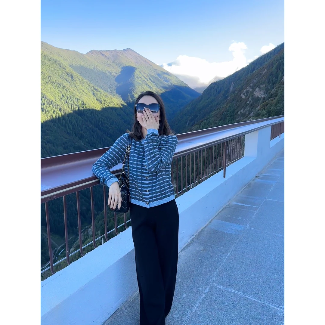 JESSICA WU通勤风几何条纹圆领罗纹收边针织开衫258704002