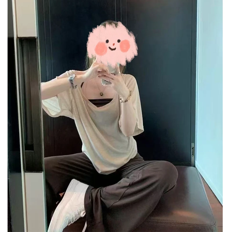 大码夏季百搭吊带U领短袖T恤宽松长裤三件套9655#