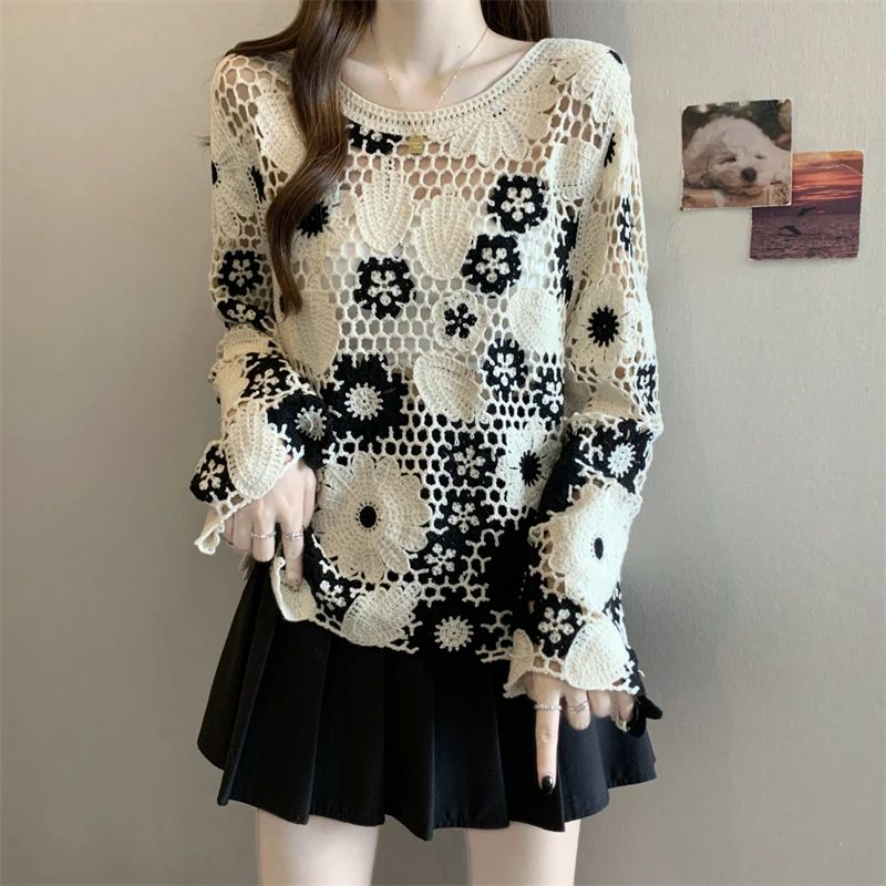 法式钩花镂空正肩针织衫女2025早秋新款大码胖mm外搭罩衫洋气上衣