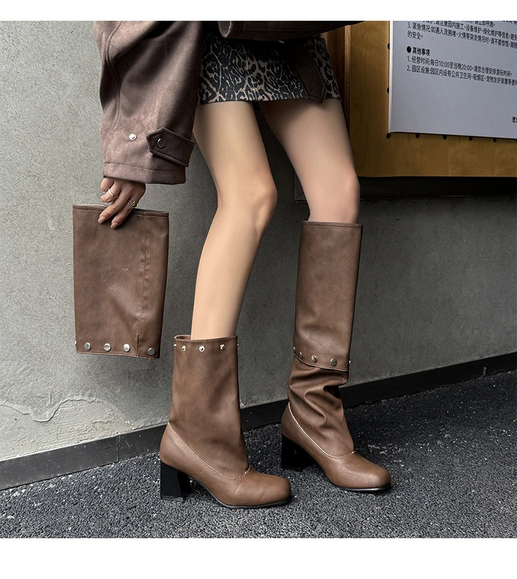 长靴女粗跟显瘦米白色铆钉可拆卸靴子冬圆头高筒靴两穿高跟裤管靴