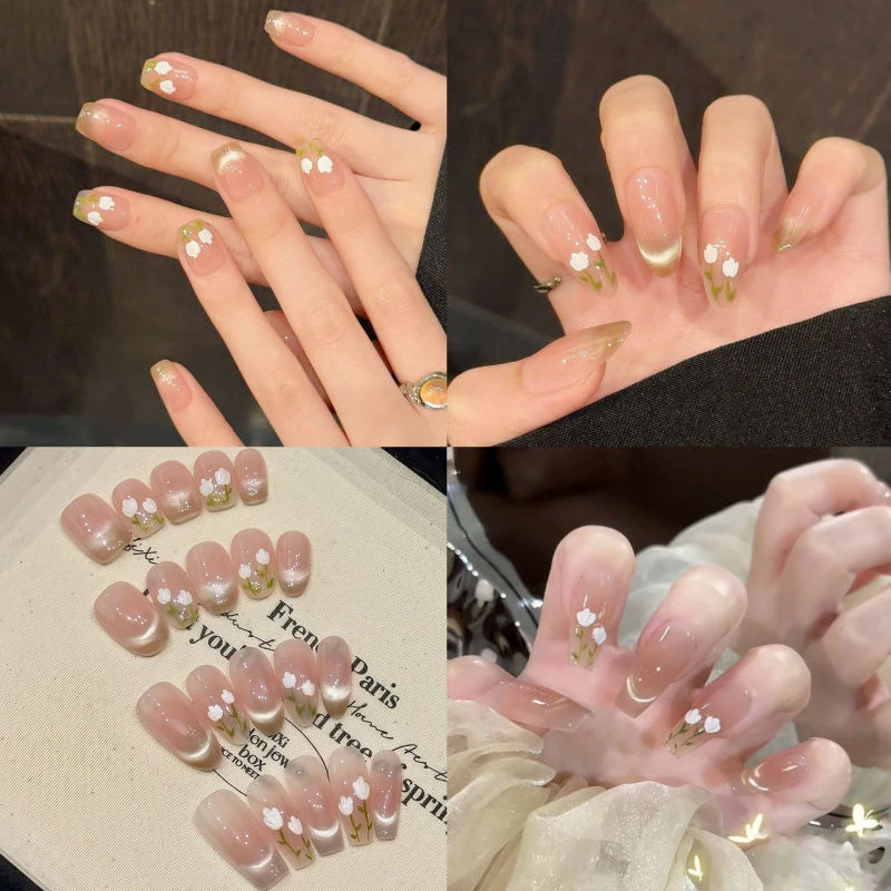 【冰晶郁金香】猫眼秋季温柔款设计穿戴甲温柔气质纯欲手工美甲