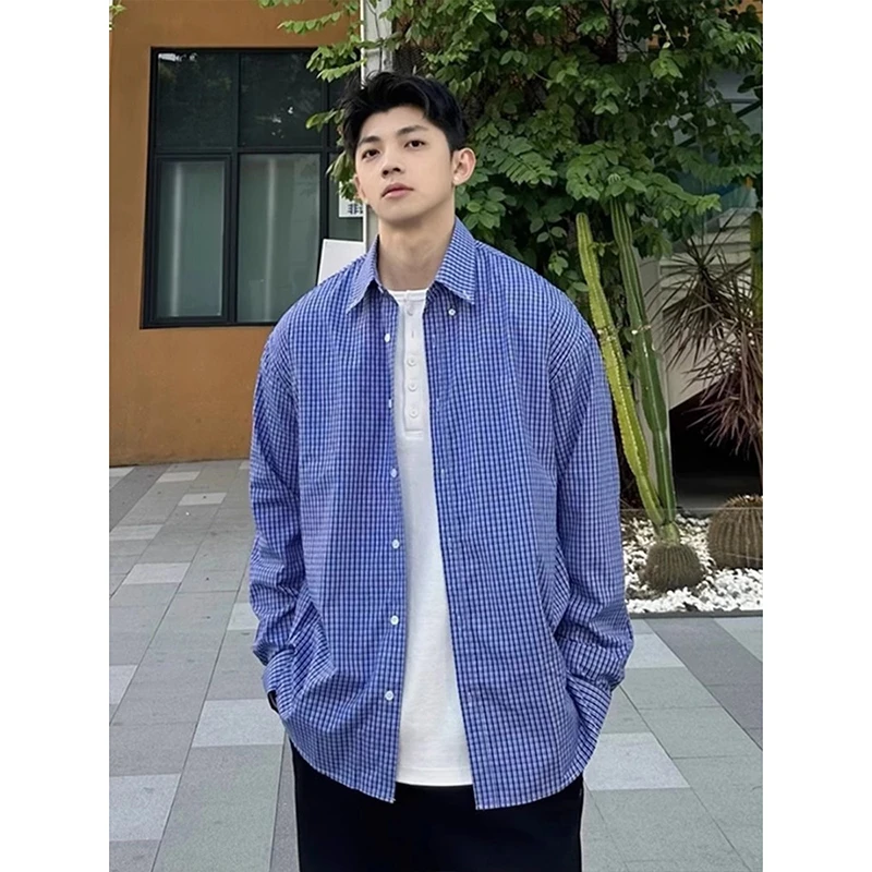 蓝色格子衬衫男款春季通勤穿搭叠穿长袖衬衣cleanfit美式情侣外套