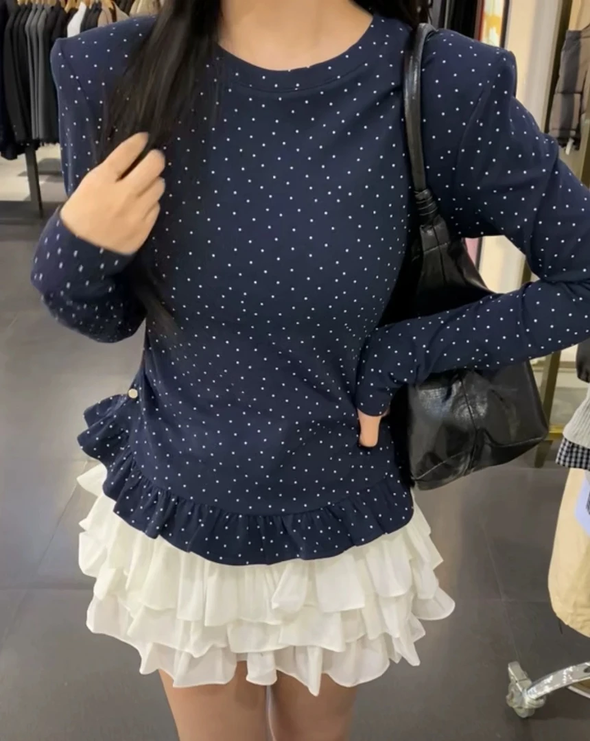 【3025】K2#荷叶边波点圆领修身上衣