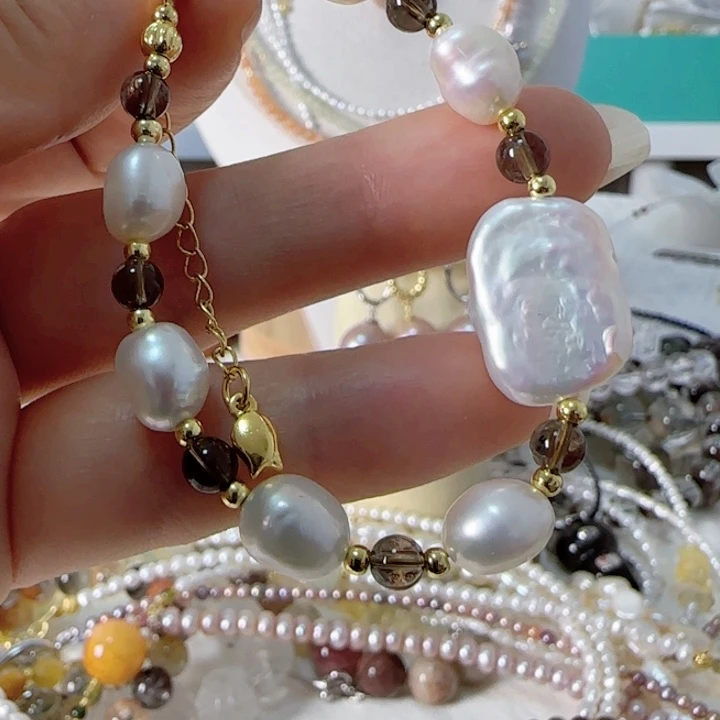 未镶嵌淡水珍珠巴洛克极光有纹白亮款式链茶色