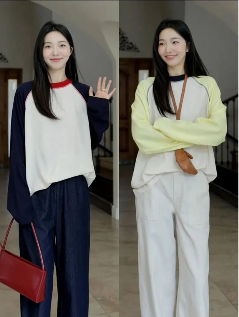 撞色轻薄插肩长袖宽松显瘦打底衫