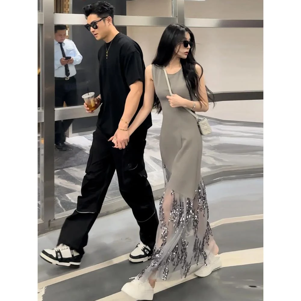 法式气质无袖背心连衣裙女夏天设计感拼接网纱亮片鱼尾裙收腰长裙