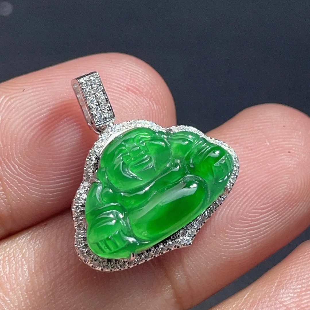18K金天然翡翠A货-3180满绿佛公吊坠镶嵌钻石K白阳绿挂件