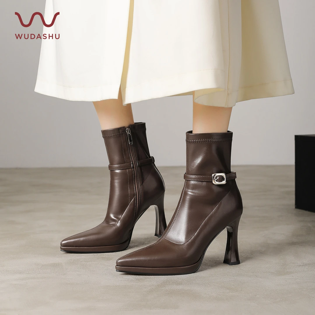 吴大叔防滑休闲风尖头防水细跟高跟短靴瘦瘦靴单靴跟鞋TF132091